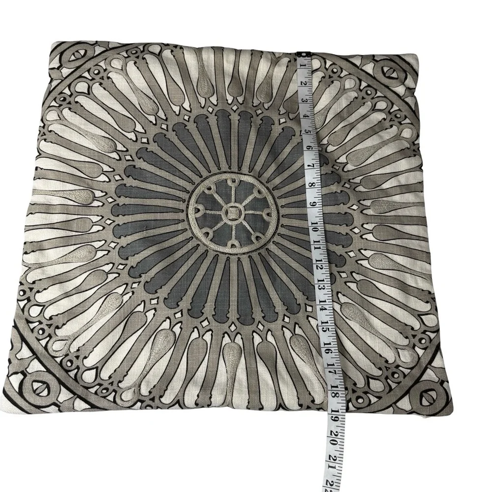 Crate & Barrel 20” x 20” Pillow Cover Embroidered Zipper Medallion Grey Beige